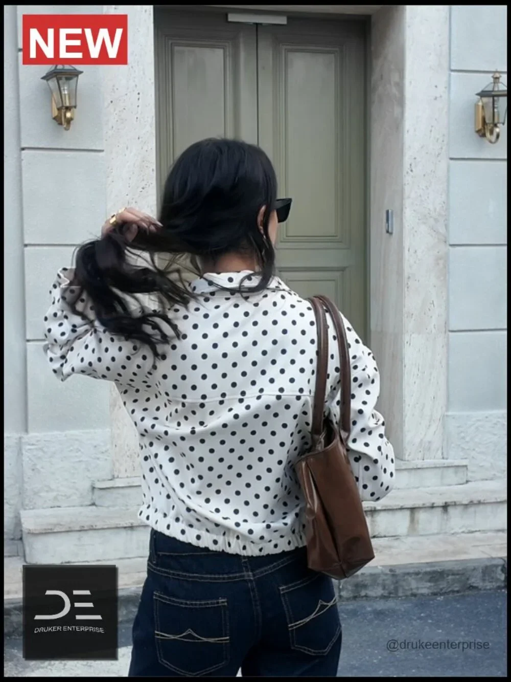 Polka Dot Cropped Zip Up Oversized Jacket Lightweight Casual